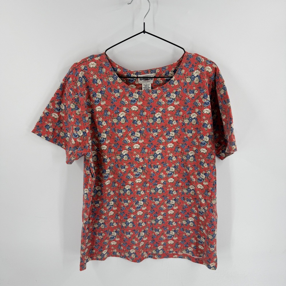 Vintage County Seat Floral‎ T-Shirt Size L Pink Blue Cottage 100% Cotton Granola